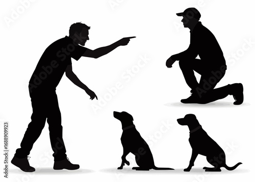 Silhouette illustration showing dog training with two men and two dogs in a white background