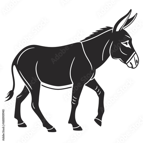 Black silhouette of a donkey walking on a white background