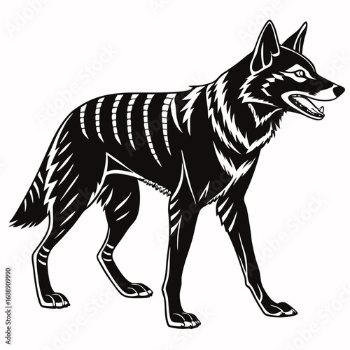 Stylized black and white illustration of a tasmanian tiger