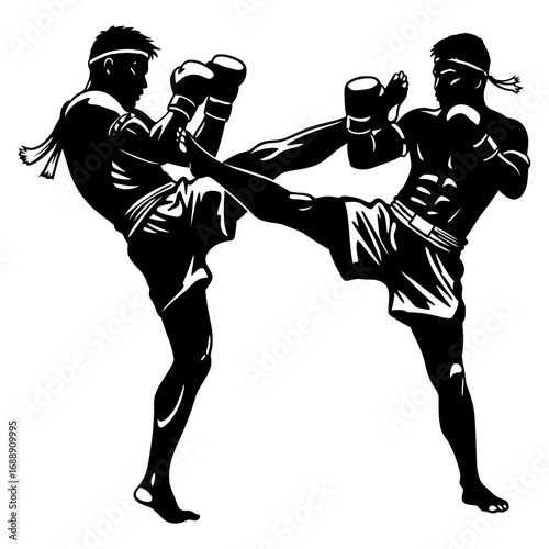 Muay Thai Sparring A Dynamic Illustration of Two Fighters in Action, Showcasing Skill and Power in Combat