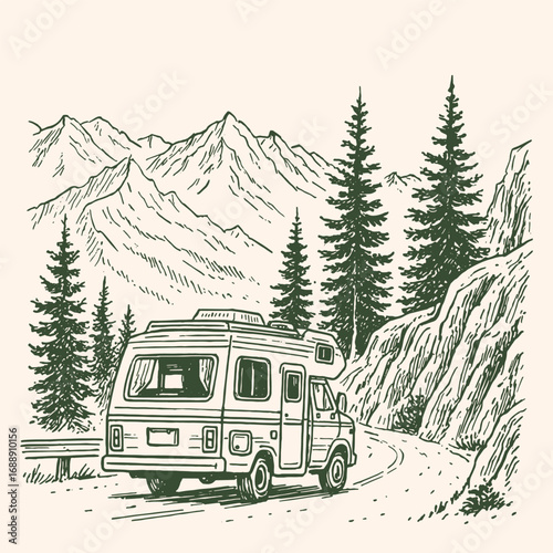 Retro vintage engraving of camper van parked by mountain road with pine trees, travel sketch for outdoor camping and adventure journey.