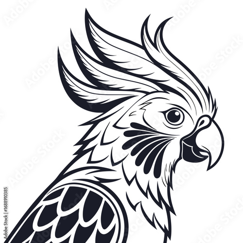 Stylized black and white cockatoo bird illustration
