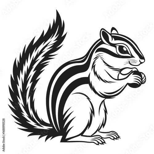 Stylized black and white chipmunk holding a nut