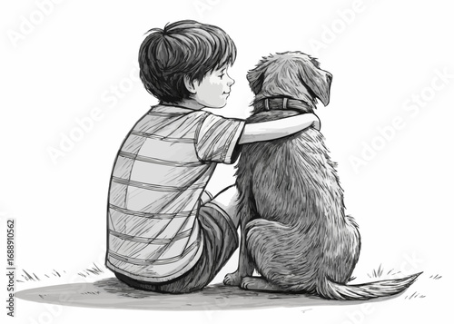 Illustration of a boy with his arm around a dog sitting on the ground in black and white style art