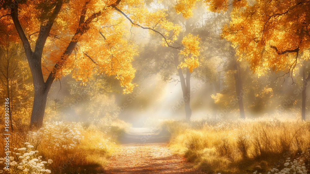 Fototapeta premium Golden morning light on autumn forest path — dreamy sunlit trees