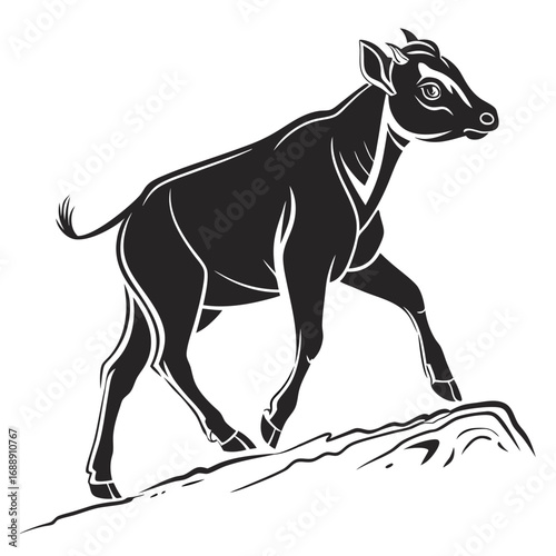Stylized black silhouette of a young antelope walking on uneven ground