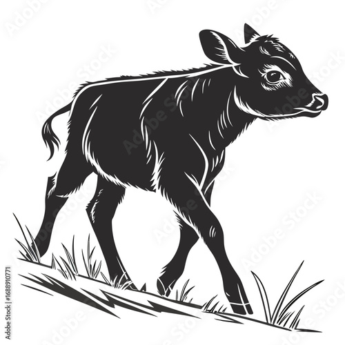 Black and white illustration of a young calf walking in grass