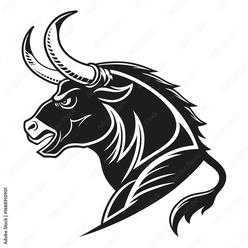 Fototapeta premium Fierce black bull head silhouette with sharp horns