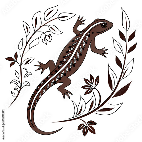 Brown lizard surrounded by decorative leaves and flowers