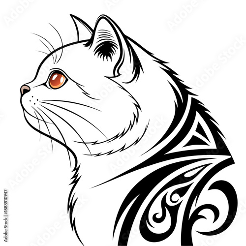 Stylized cat head with tribal tattoo design
