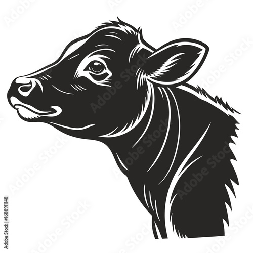 Black and white illustration of a young calf head in profile