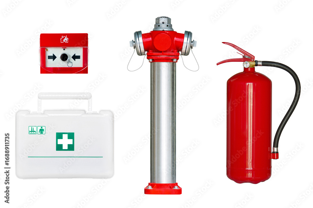 Obraz premium fire extinguisher, fire hydrant, first aid kit, fire alarm button isolated on white background