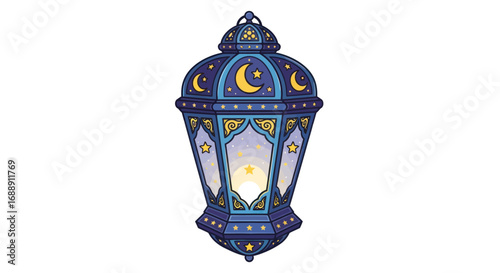 Ornate Blue Ramadan Lantern with Crescent Moons and Stars.