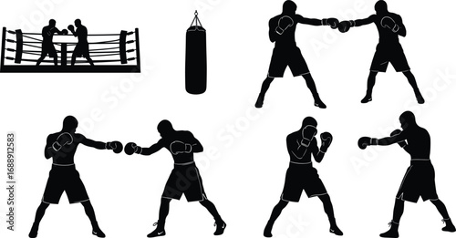 Boxing silhouettes, boxing ring, punching bag, fighter stances, martial arts training, combat sport, fitness workout, sparring, competition, athlete action, shadow art