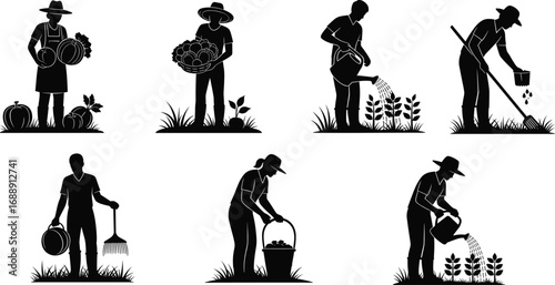 Black and white gardening silhouettes, people harvesting vegetables, watering plants, farming tools, rural agriculture, seasonal planting, sustainable lifestyle, outdoor work, nature care