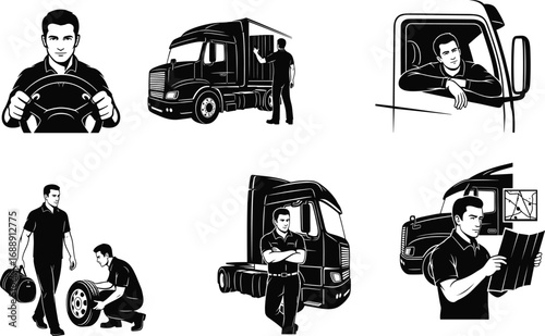 Black and white truck driver illustration, transportation worker, vehicle maintenance, route planning, logistics industry, delivery service, freight transport, professional driver,