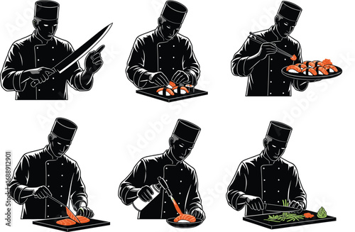 Sushi chef preparing traditional Japanese cuisine, slicing fish, assembling nigiri, torch searing sushi, garnishing plates, culinary art, restaurant kitchen, food presentation