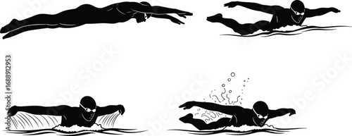 Black and white swimming silhouette illustration, butterfly, breaststroke, freestyle, sports training, aquatic athlete, competitive swim technique, water splash motion art