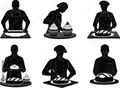 baker, baking, silhouette, chef, bread, cupcake, rolling, dough, frosting, loaf, slicing, decorating, kitchen, cooking, pastry, artisan, food, culinary, bakery, illustration