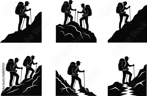 Silhouette hikers climbing rocky mountains, trekking adventure, outdoor exploration, teamwork, perseverance, nature travel, mountaineering challenge, wilderness journey,