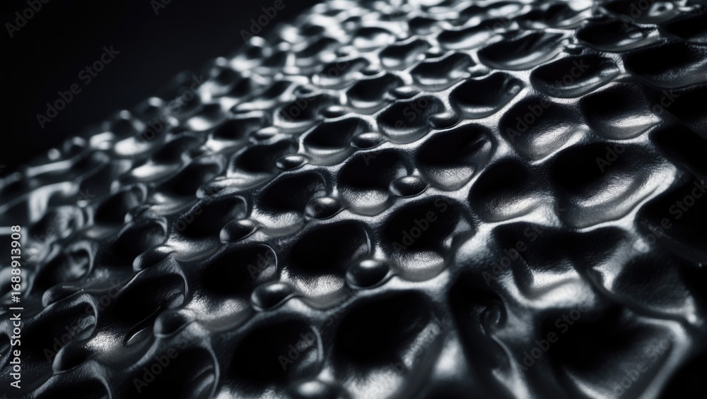 Fototapeta premium Close-up of black water droplets on a smooth surface with a dark background.