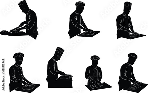 Black silhouette chefs in traditional uniform and hat preparing bread, kneading dough, slicing loaves, bakery cooking poses, culinary kitchen illustration