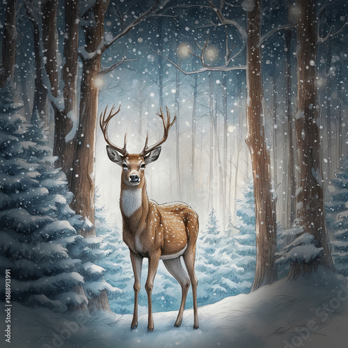 눈 내리는 숲 속에서 본 순록