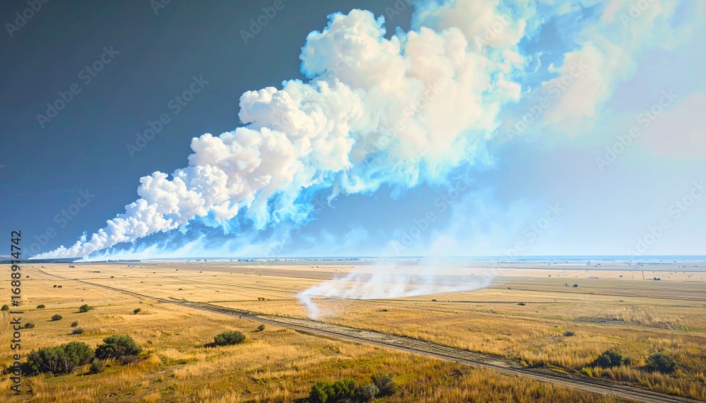 Fototapeta premium Extensive smoke trails over dry golden fields, environmental impact visible.