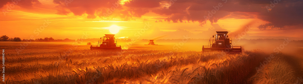 Fototapeta premium Group of harvesters harvesting ripe wheat field in autumn with sunset. Concept of agriculture, agronomy and crop collection.