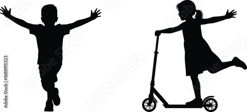 Silhouette of happy child running with arms wide open and girl riding scooter, outdoor play, childhood joy, active kids, fun lifestyle.
