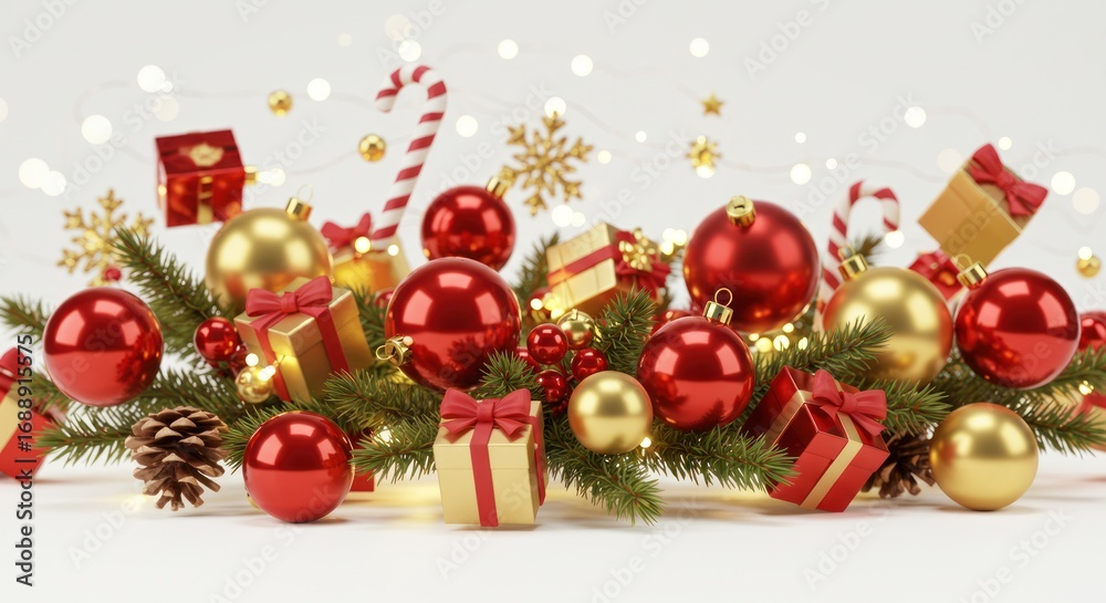 Naklejka premium Christmas decorations with red and gold ornaments candy canes and gift boxes.