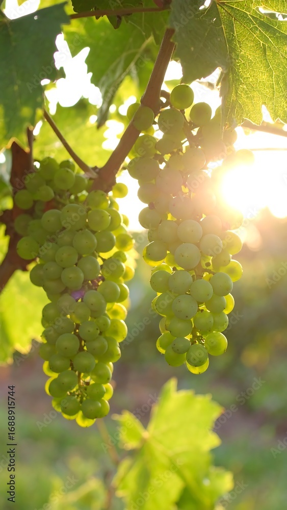 Fototapeta premium Fresh green grapes on vine in sunlight