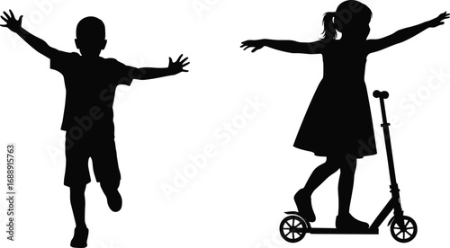 Silhouette of happy children playing outdoors, boy running and girl riding scooter with arms outstretched in joyful motion
