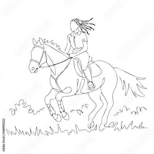 Continuous line of horse rider .Single one line art of horse rider, One continuous line illustration of an horse rider isolated on white background.