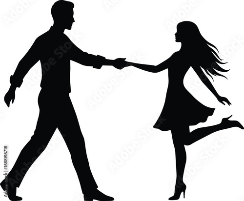 Silhouette of joyful dancing couple holding hands, woman in flowing dress with lifted leg, man leading with confident step, romance and connection.