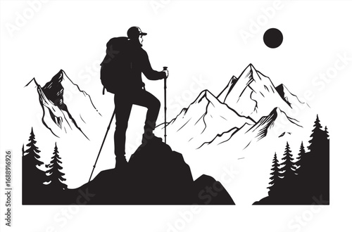 Vector silhouette of hiker climbing steep mountain slope with trekking poles and backpack, black and white outdoor adventure concept for t-shirt print, logo, travel design, or poster art