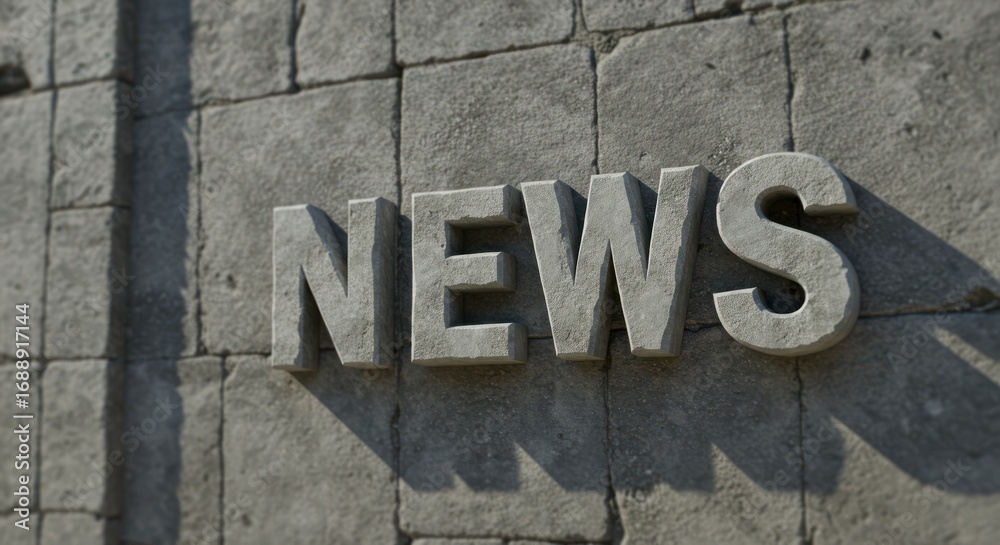 Fototapeta premium The word news is displayed on a textured gray wall in sunlight.