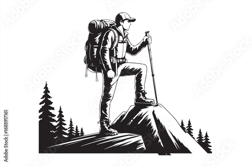 Vector silhouette of hiker climbing steep mountain slope with trekking poles and backpack, black and white outdoor adventure concept for t-shirt print, logo, travel design, or poster art