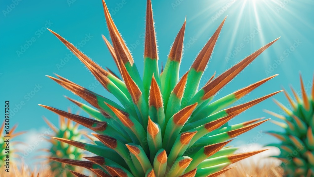 Fototapeta premium Close-up of a cactus with sharp spines under bright sunlight with a clear blue sky. Nature and desert flora, plant, natural environment. The concept of resilience and adaptation in plants.