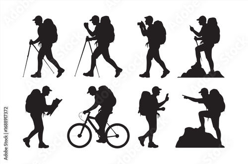 Vector silhouette of hiker climbing steep mountain slope with trekking poles and backpack, black and white outdoor adventure concept for t-shirt print, logo, travel design, or poster art