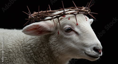 Close of a lamb with a crown of thorns symbolizing Jesus Christ, the Messiah - The holy lamb of God