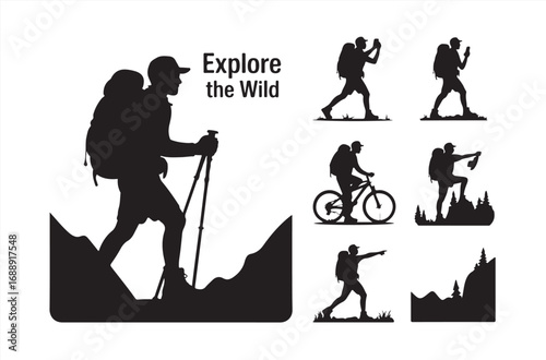 Vector silhouette of hiker climbing steep mountain slope with trekking poles and backpack, black and white outdoor adventure concept for t-shirt print, logo, travel design, or poster art