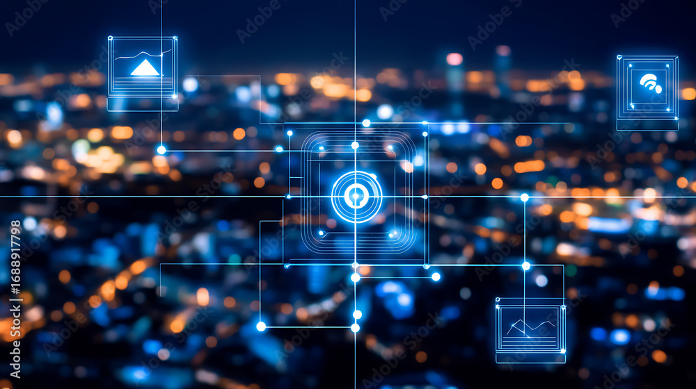 Obraz premium Digital Overlay on Cityscape: Network and Data Visualization