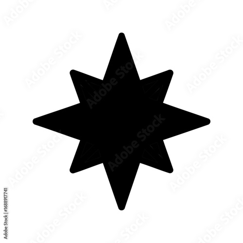 Solid black eight point star with rounded corners in a simple graphic
