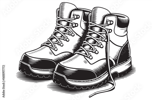 Vintage style illustration of a pair of rugged hiking boots with detailed laces and textured soles, ideal for outdoor adventure, trekking, camping, mountaineering, or wilderness exploration.