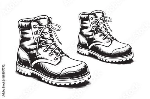 Vintage style illustration of a pair of rugged hiking boots with detailed laces and textured soles, ideal for outdoor adventure, trekking, camping, mountaineering, or wilderness exploration.