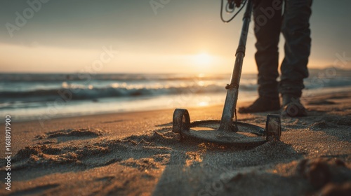 A man is intently scanning the sandy shore with a metal detector as the sun sets over the ocean, casting golden hues across the beach and water