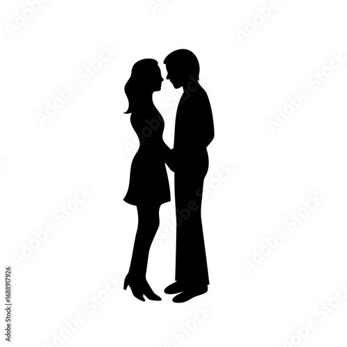 Silhouette of a romantic couple standing close, holding hands in black