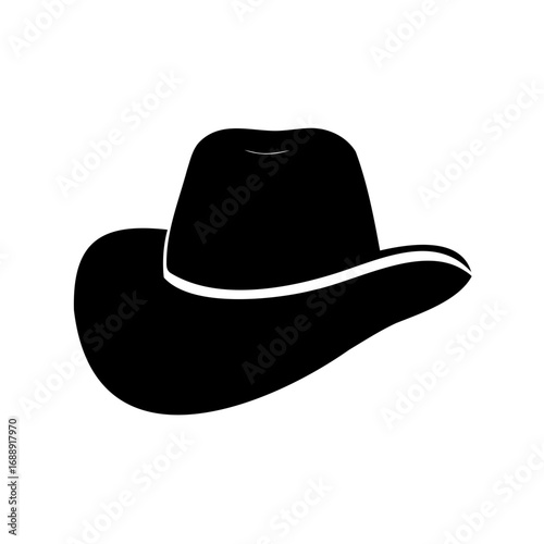 A sleek black silhouette of a cowboy hat isolated on white backdrop