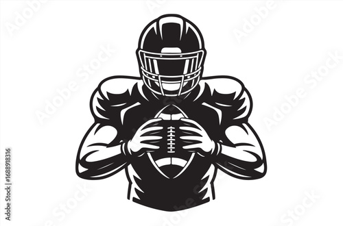 American football player quarterback holding ball in throwing stance. Black and white vector illustration. Sports athlete drawing. Retro style ink sketch for game, competition, or team design.